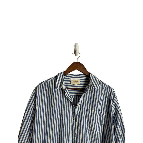 Sezane Max Shirt in Striped Blue Cotton Linen Womans 40/ US 8 - Picture 5 of 13